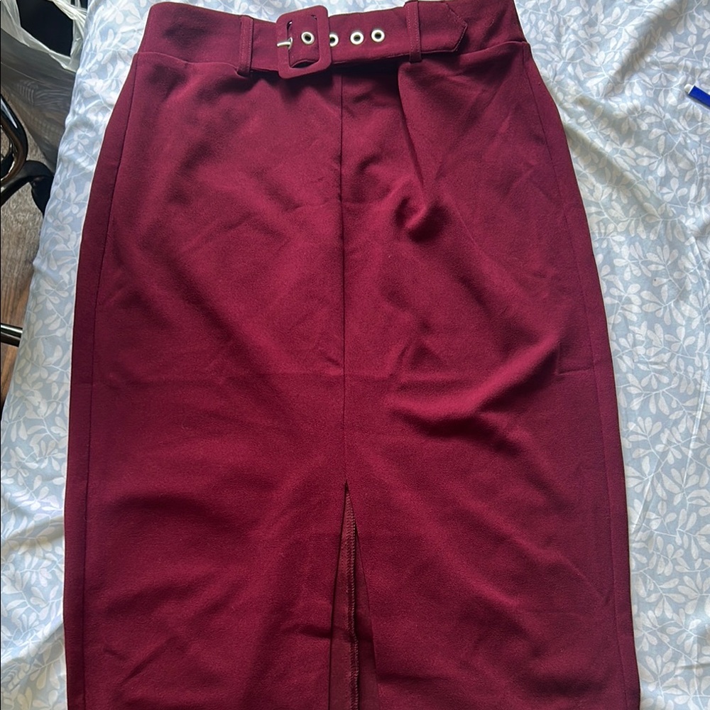 Soho Apparel Red burgundy Midi Pencil Skirt with Pleated Slit